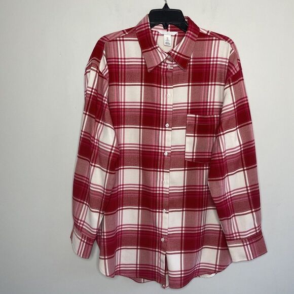 H&M Top Womens Large Red Plaid Button Front Blouse Relaxed Long Sleeve - Picture 1 of 7